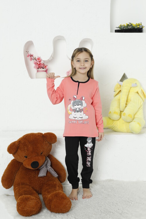 Kız Çocuk Tavşan Baskılı Bloklu Pijama Takımı 4-11 Yaş LX6032