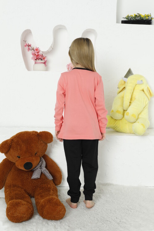 Kız Çocuk Tavşan Baskılı Bloklu Pijama Takımı 4-11 Yaş LX6032