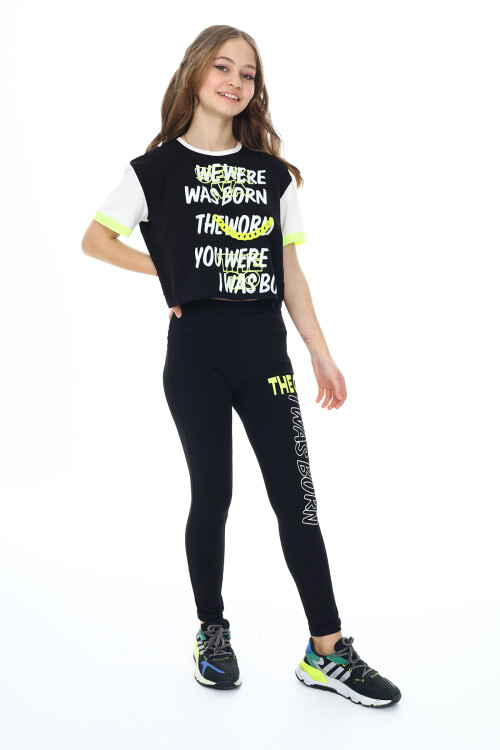 Kız Çocuk Taytlı-Crop-Bloklu-Alt-Üst Takım 9-14 Yaş 8006