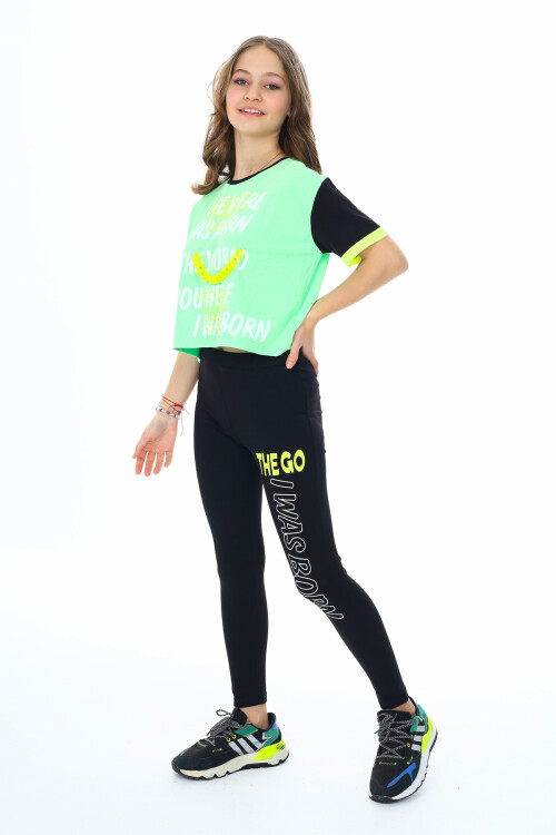 Kız Çocuk Taytlı-Crop-Bloklu-Alt-Üst Takım 9-14 Yaş 8006