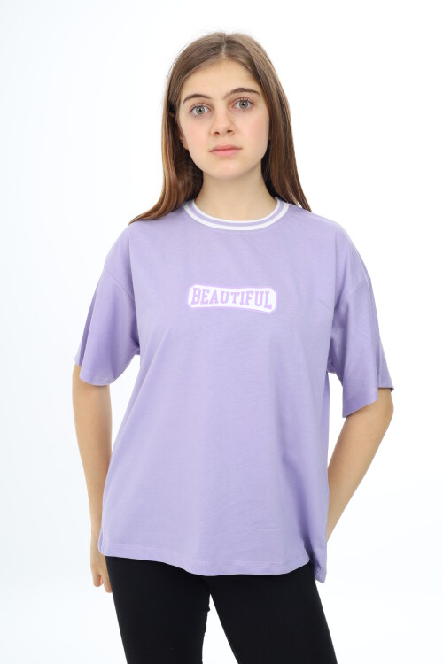 Kız Çocuk Yaka Ribanalı Yazı Baskılı T-Shirt 9-14 Yaş Lx5020