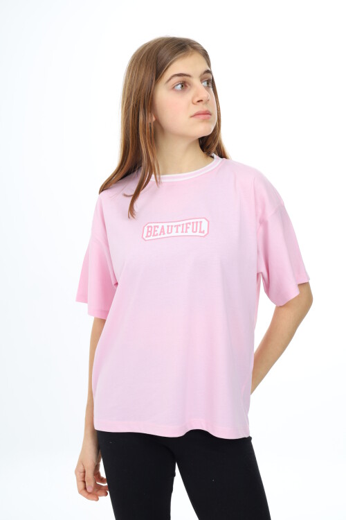 Kız Çocuk Yaka Ribanalı Yazı Baskılı T-Shirt 9-14 Yaş Lx5020