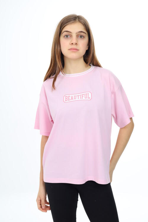 Kız Çocuk Yaka Ribanalı Yazı Baskılı T-Shirt 9-14 Yaş Lx5020
