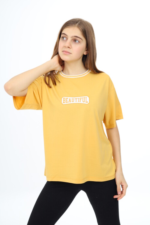 Kız Çocuk Yaka Ribanalı Yazı Baskılı T-Shirt 9-14 Yaş Lx5020