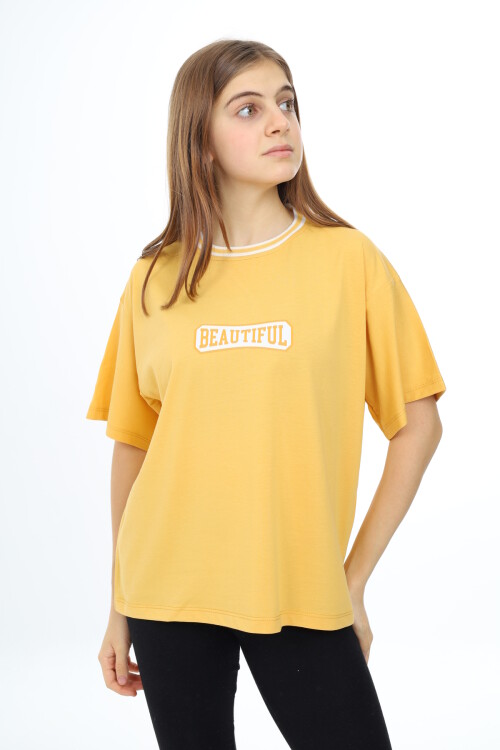 Kız Çocuk Yaka Ribanalı Yazı Baskılı T-Shirt 9-14 Yaş Lx5020