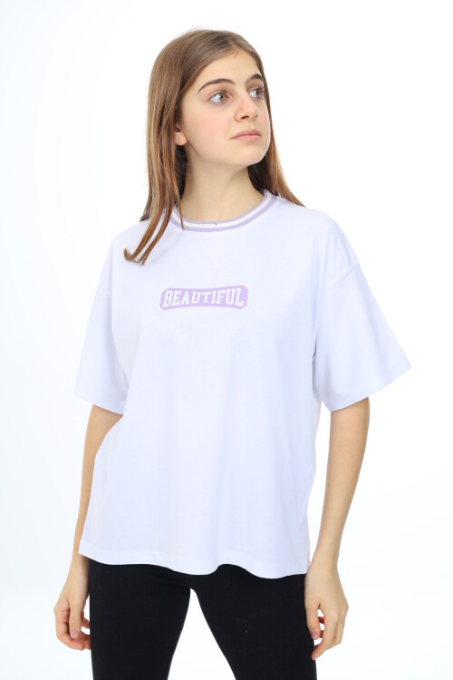 Kız Çocuk Yaka Ribanalı Yazı Baskılı T-Shirt 9-14 Yaş Lx5020