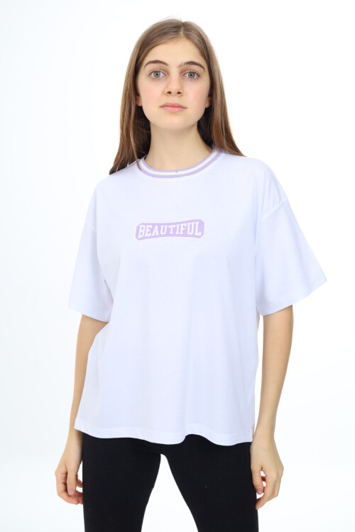 Kız Çocuk Yaka Ribanalı Yazı Baskılı T-Shirt 9-14 Yaş Lx5020