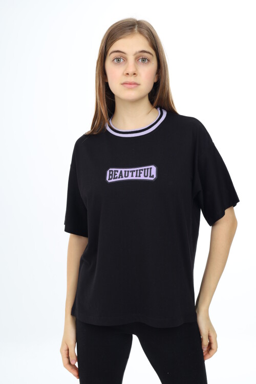 Kız Çocuk Yaka Ribanalı Yazı Baskılı T-Shirt 9-14 Yaş Lx5020