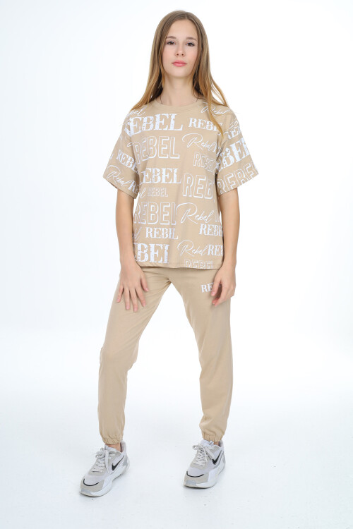 Kız Çocuk Yazı Baskılı Alt-Üst Takım 8-14 Yaş Lx305