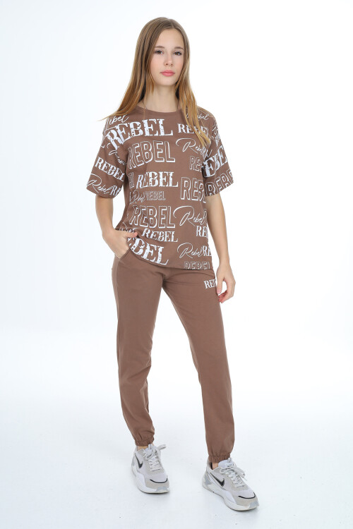 Kız Çocuk Yazı Baskılı Alt-Üst Takım 8-14 Yaş Lx305