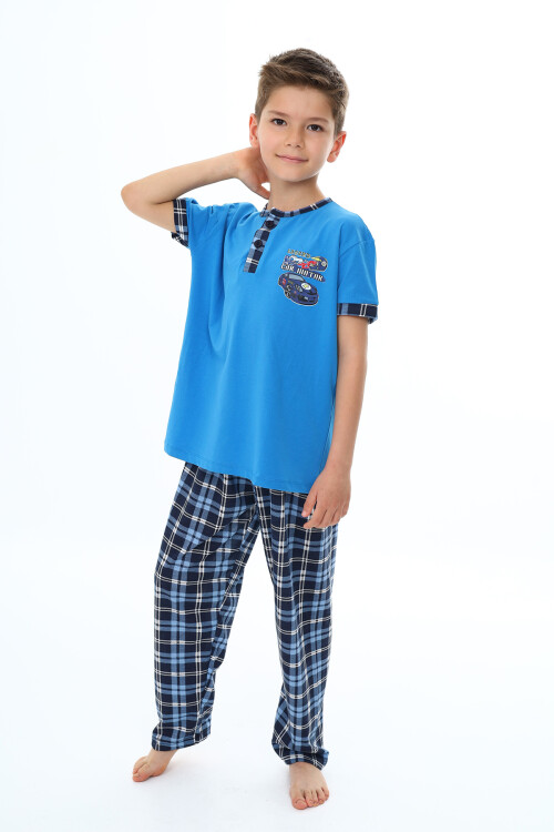 Erkek Çocuk Araba Baskılı Bloklu Pijama Takımı 3-11 Yaş 156-57