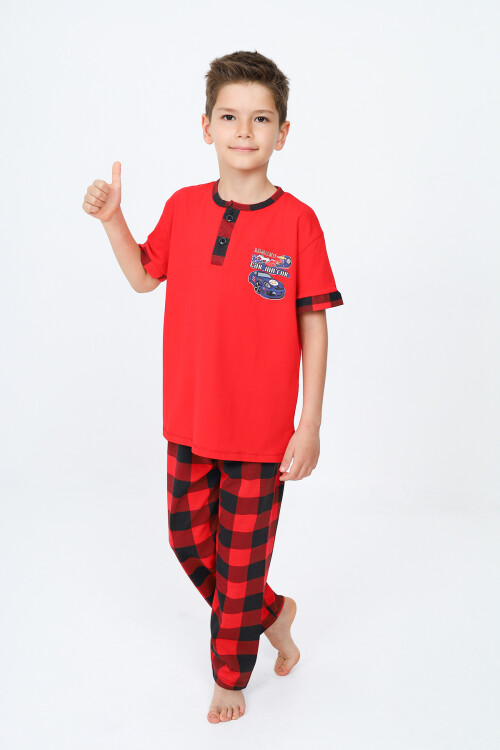 Erkek Çocuk Araba Baskılı Bloklu Pijama Takımı 3-11 Yaş 156-57