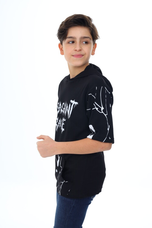 Erkek Çocuk Kapüşonlu Kargo Cepli Baskılı T-Shirt 9-15 Yaş Lx7091