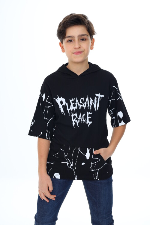 Erkek Çocuk Kapüşonlu Kargo Cepli Baskılı T-Shirt 9-15 Yaş Lx7091