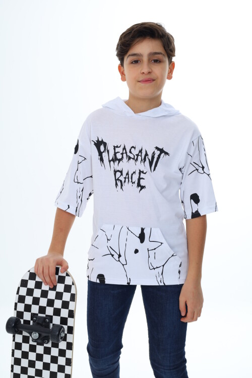 Erkek Çocuk Kapüşonlu Kargo Cepli Baskılı T-Shirt 9-15 Yaş Lx7091
