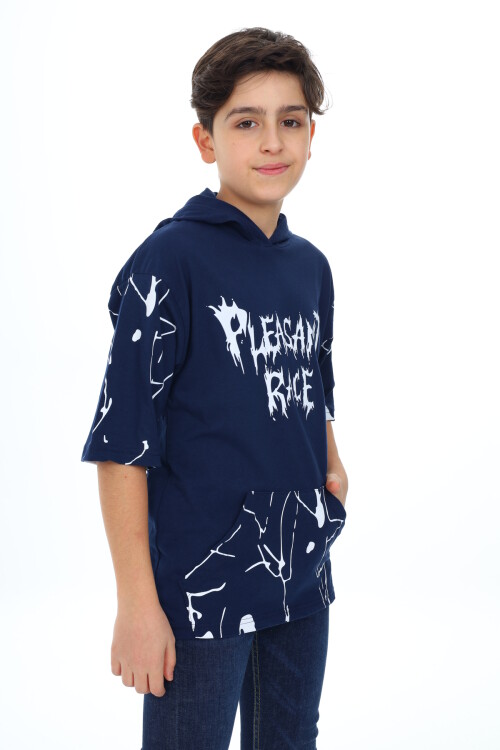 Erkek Çocuk Kapüşonlu Kargo Cepli Baskılı T-Shirt 9-15 Yaş Lx7091