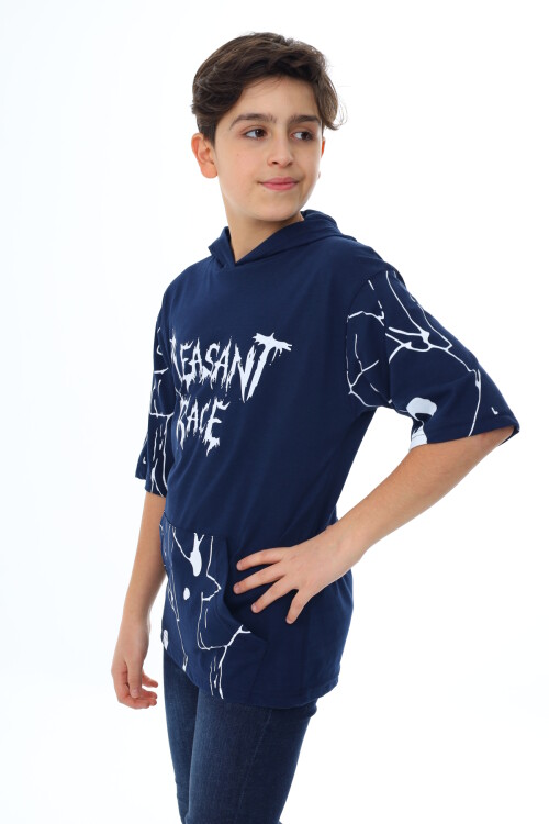 Erkek Çocuk Kapüşonlu Kargo Cepli Baskılı T-Shirt 9-15 Yaş Lx7091