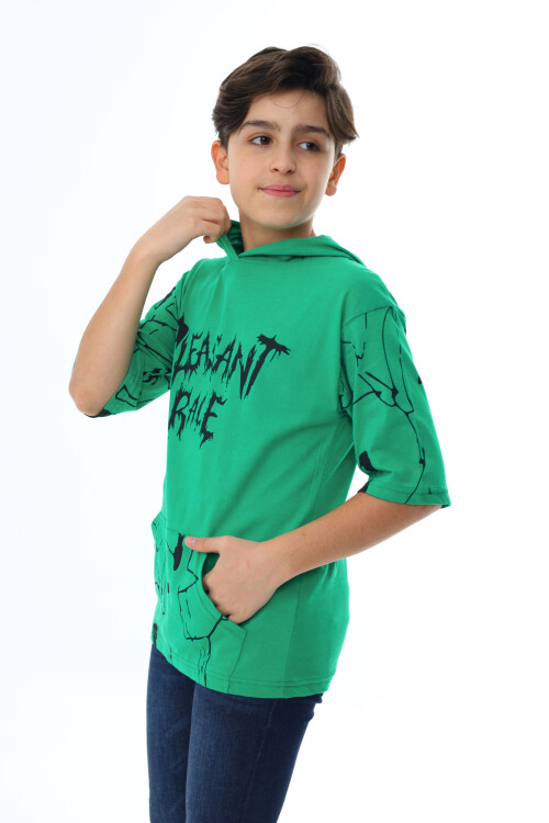 Erkek Çocuk Kapüşonlu Kargo Cepli Baskılı T-Shirt 9-15 Yaş Lx7091