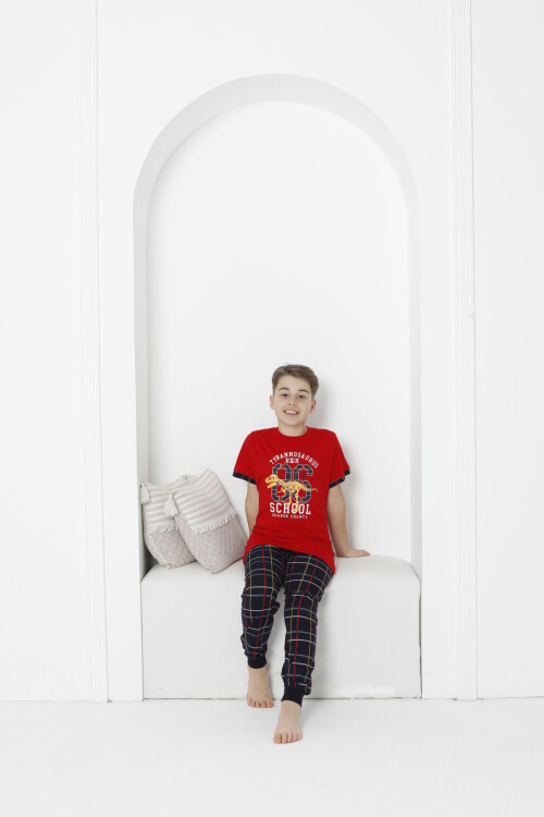 Erkek Çocuk Yazı Baskılı Bloklu Pijama Takımı 3-11 Yaş 5073-74