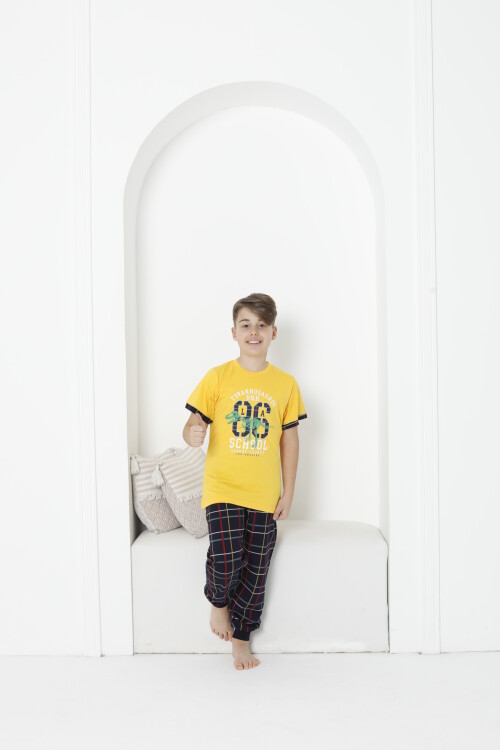 Erkek Çocuk Yazı Baskılı Bloklu Pijama Takımı 3-11 Yaş 5073-74
