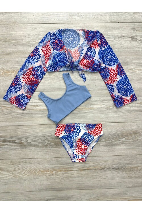 Kız Çocuk Pareolu 3lü Mayo Takımı (Alt+Üst+Pareo) 3-10 Yaş 001