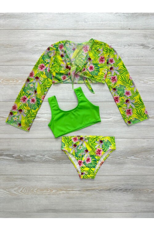 Kız Çocuk Pareolu 3lü Mayo Takımı (Alt+Üst+Pareo) 3-10 Yaş 001