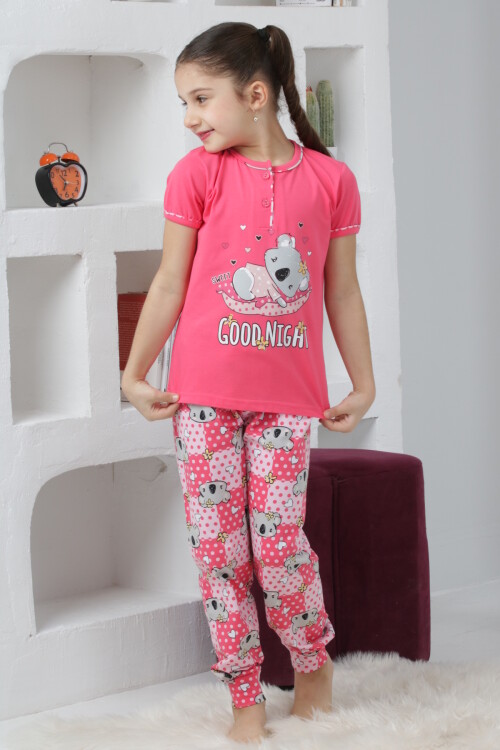 Kız Çocuk Ayıcık Baskılı - 2 Düğmeli Pijama Takımı 7-11 Yaş 6065