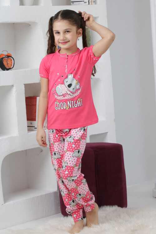 Kız Çocuk Ayıcık Baskılı - 2 Düğmeli Pijama Takımı 7-11 Yaş 6065