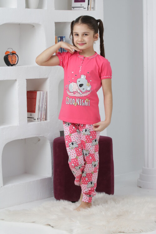 Kız Çocuk Ayıcık Baskılı - 2 Düğmeli Pijama Takımı 7-11 Yaş 6065