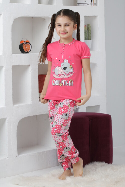 Kız Çocuk Ayıcık Baskılı - 2 Düğmeli Pijama Takımı 7-11 Yaş 6065