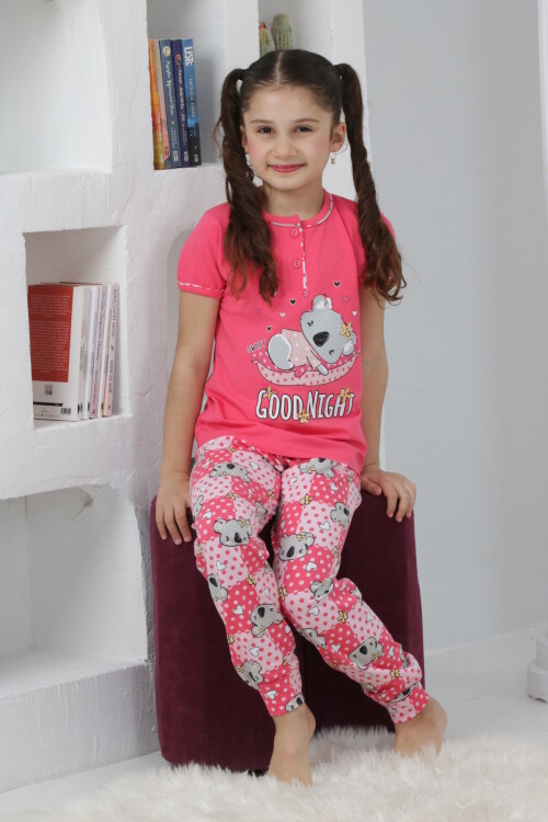 Kız Çocuk Ayıcık Baskılı - 2 Düğmeli Pijama Takımı 7-11 Yaş 6065