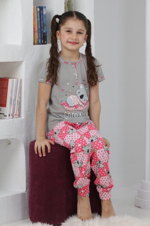 Kız Çocuk Ayıcık Baskılı - 2 Düğmeli Pijama Takımı 7-11 Yaş 6065