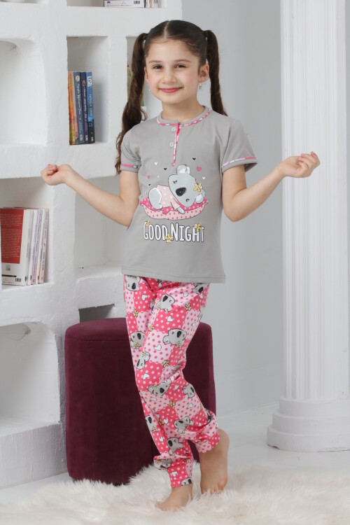 Kız Çocuk Ayıcık Baskılı - 2 Düğmeli Pijama Takımı 7-11 Yaş 6065
