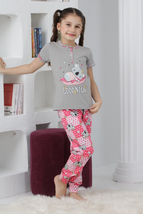 Kız Çocuk Ayıcık Baskılı - 2 Düğmeli Pijama Takımı 7-11 Yaş 6065