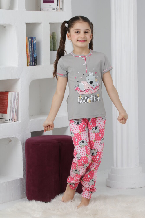 Kız Çocuk Ayıcık Baskılı - 2 Düğmeli Pijama Takımı 7-11 Yaş 6065