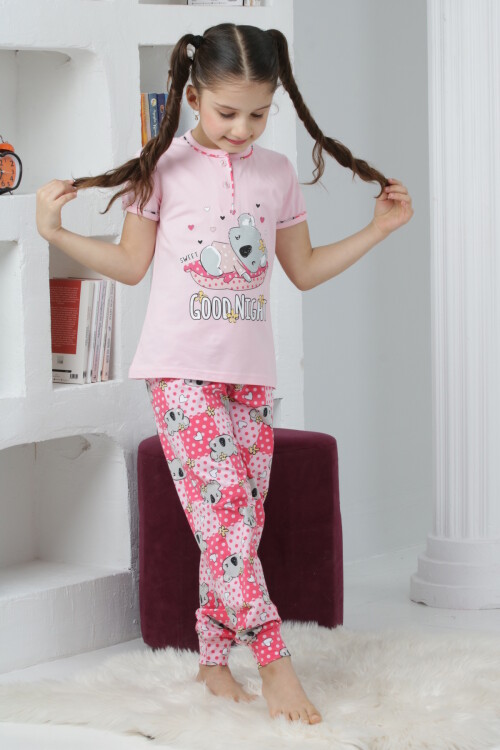 Kız Çocuk Ayıcık Baskılı - 2 Düğmeli Pijama Takımı 7-11 Yaş 6065