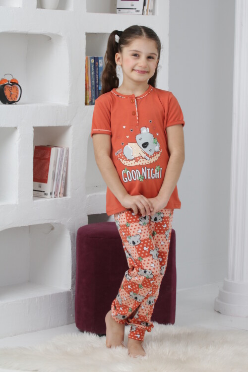Kız Çocuk Ayıcık Baskılı - 2 Düğmeli Pijama Takımı 7-11 Yaş 6065