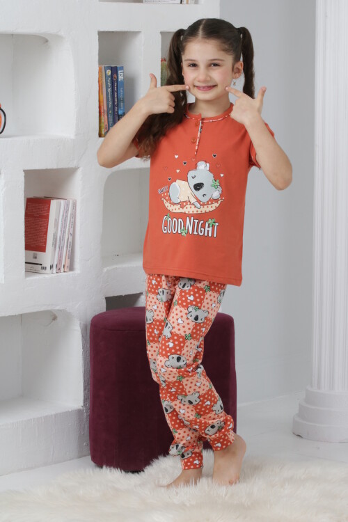 Kız Çocuk Ayıcık Baskılı - 2 Düğmeli Pijama Takımı 7-11 Yaş 6065