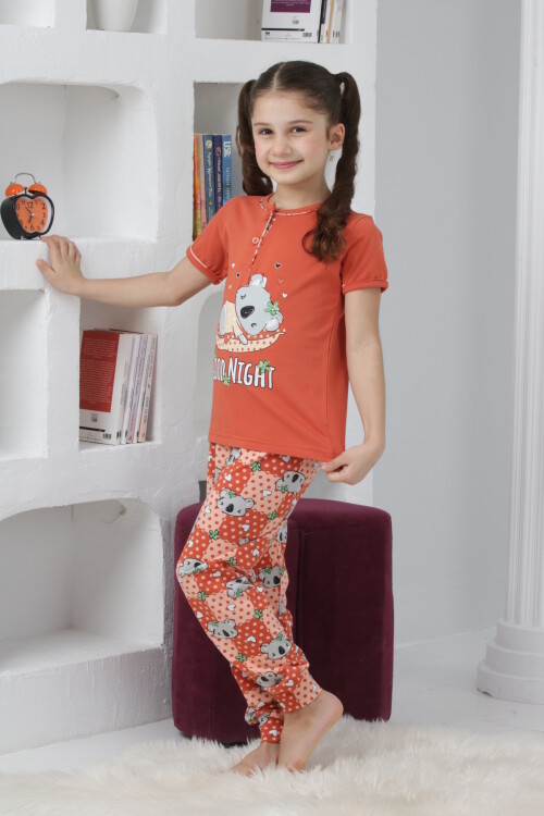 Kız Çocuk Ayıcık Baskılı - 2 Düğmeli Pijama Takımı 7-11 Yaş 6065
