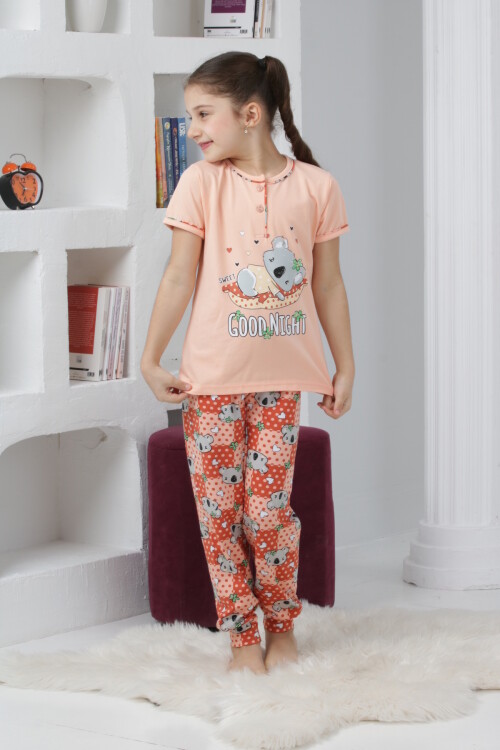 Kız Çocuk Ayıcık Baskılı - 2 Düğmeli Pijama Takımı 7-11 Yaş 6065