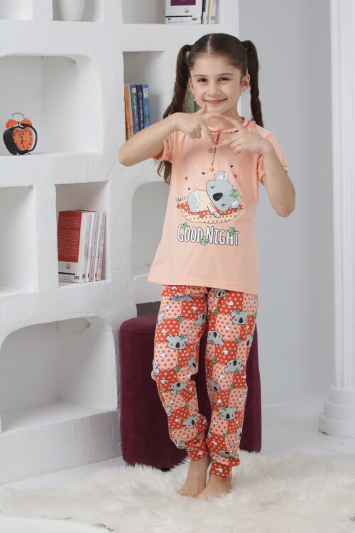 Kız Çocuk Ayıcık Baskılı - 2 Düğmeli Pijama Takımı 7-11 Yaş 6065