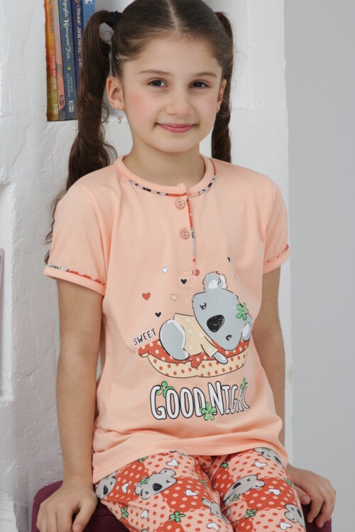 Kız Çocuk Ayıcık Baskılı - 2 Düğmeli Pijama Takımı 7-11 Yaş 6065