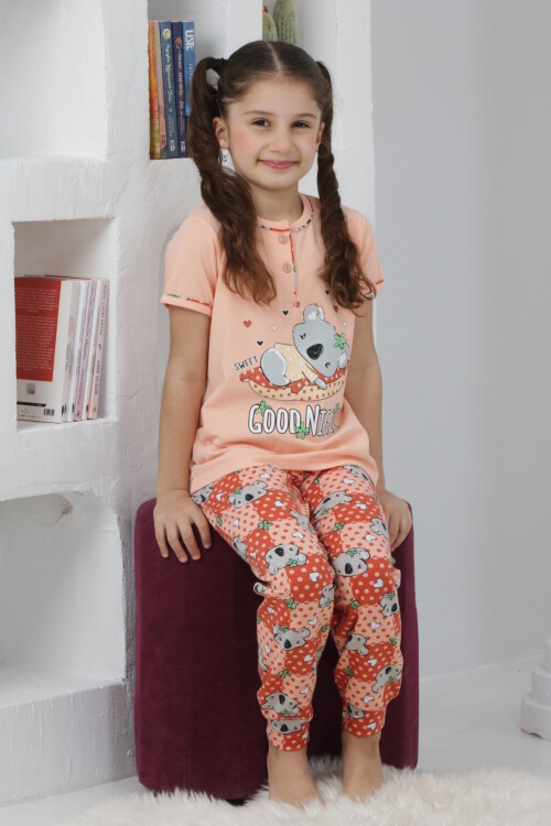 Kız Çocuk Ayıcık Baskılı - 2 Düğmeli Pijama Takımı 7-11 Yaş 6065