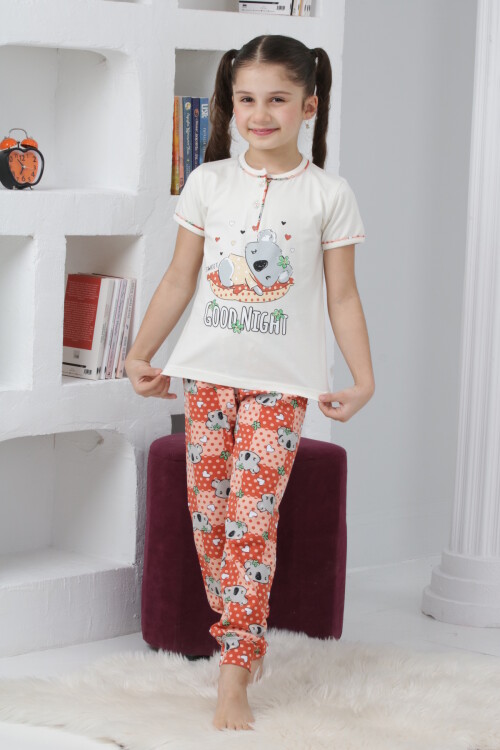 Kız Çocuk Ayıcık Baskılı - 2 Düğmeli Pijama Takımı 7-11 Yaş 6065