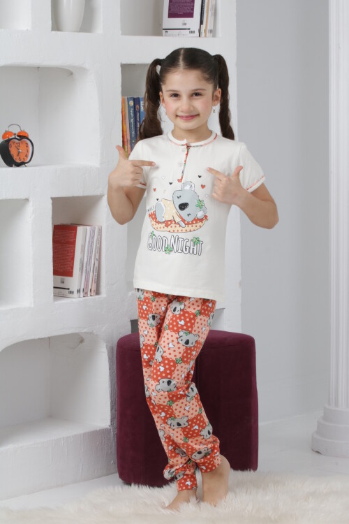 Kız Çocuk Ayıcık Baskılı - 2 Düğmeli Pijama Takımı 7-11 Yaş 6065