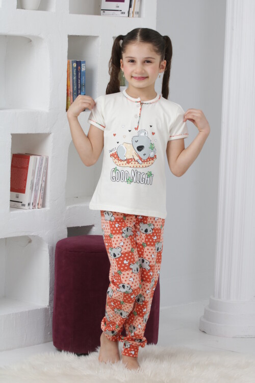 Kız Çocuk Ayıcık Baskılı - 2 Düğmeli Pijama Takımı 7-11 Yaş 6065