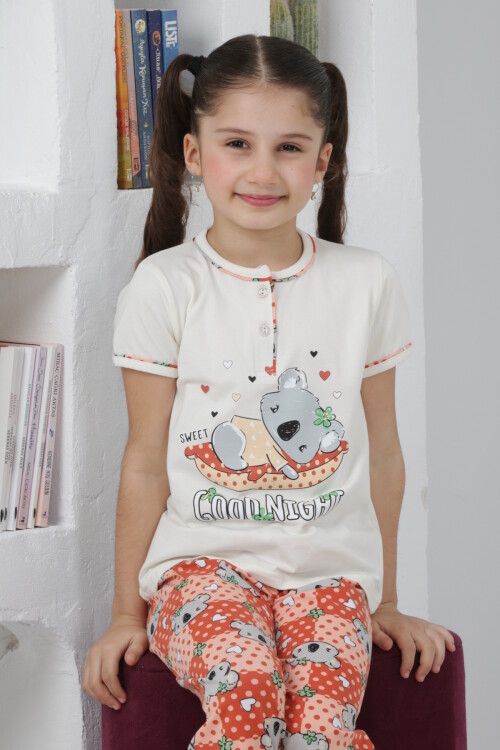 Kız Çocuk Ayıcık Baskılı - 2 Düğmeli Pijama Takımı 7-11 Yaş 6065