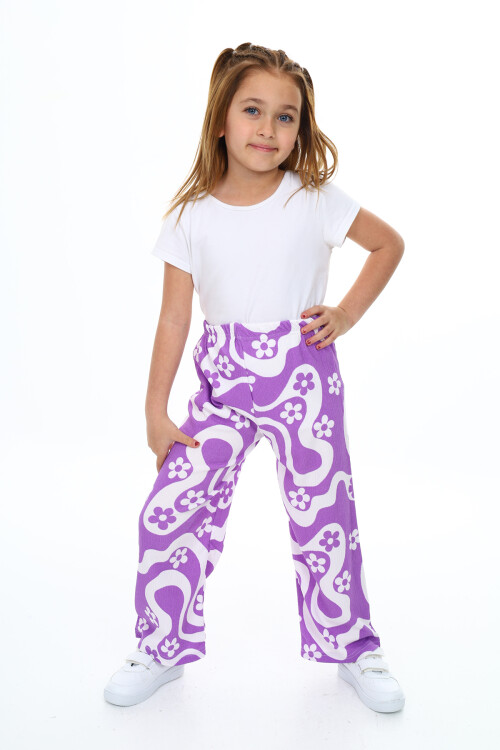 Kız Çocuk Çiçek Desenli Geniş Paçalı Alt 6-13 Yaş 9378-1