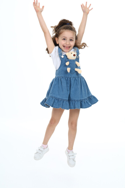 Kız Çocuk Jean Salopet Elbise - Peluş Ayıcıklı- 2-13 Yaş 0133