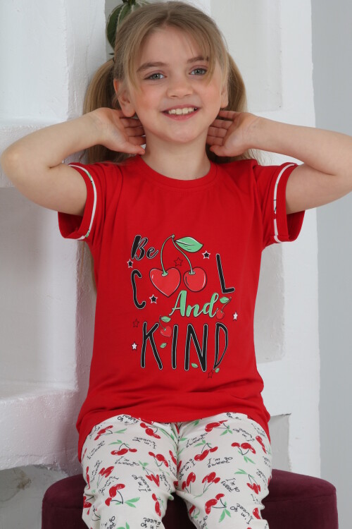 Kız Çocuk Kaprili-Kiraz Baskılı Pijama Takımı 3-11 Yaş 6067-68